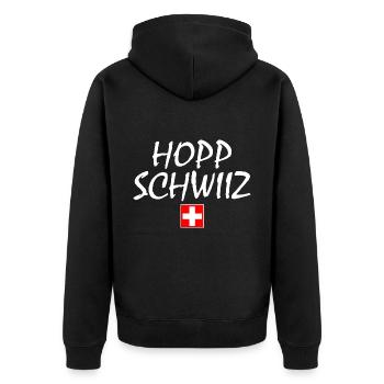 Hopp schwiiz - Unisex Premium Bio Zip Hoodie - Schwarz - Hinten - Nico (187cm)
