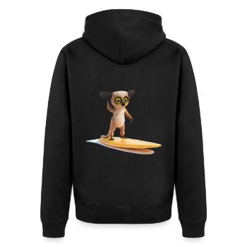 Surfbrett tragender Tarsier - Unisex Premium Bio Zip Hoodie - Schwarz - Hinten - Nico (187cm)