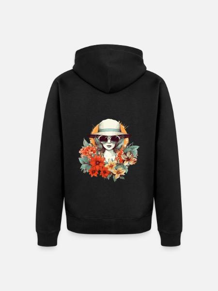 Kesä Nainen Aurinkolasit Hattu Kukat Aurinko Vintage - Premium unisex luomu-huppari vetoketjulla - musta
