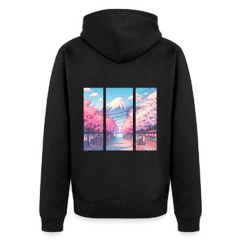 Japanische Kirschblütenstraße - Unisex Premium Bio Zip Hoodie - Schwarz - Hinten - Nico (187cm)
