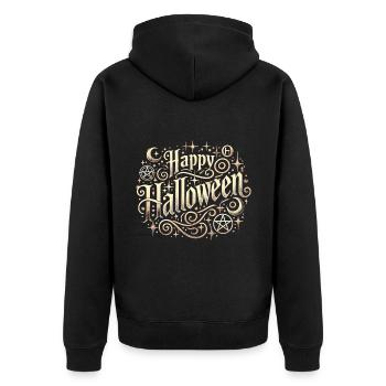 Mystisches Halloween Shirt - Eleganter Schriftzug - Unisex Premium Bio Zip Hoodie - Schwarz - Hinten - Nico (187cm)
