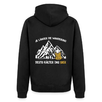 Je länger die Wanderung desto kälter das Bier - Unisex Premium Bio Zip Hoodie - Schwarz - Hinten - Nico (187cm)