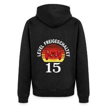 Level 15 Freigeschaltet 15 Geburtstag 15 Jahre alt - Unisex Premium Bio Zip Hoodie - Schwarz - Hinten - Nico (187cm)
