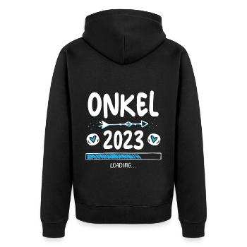 Onkel 2023 Loading - Unisex Premium Bio Zip Hoodie - Schwarz - Hinten - Nico (187cm)