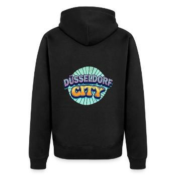 Düsseldorf Deutschland Stadt Schrift Pop Art Comic - Unisex Premium Bio Zip Hoodie - Schwarz - Hinten - Nico (187cm)