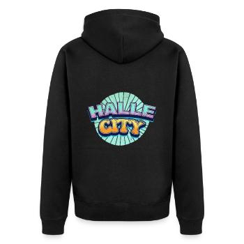 Halle Deutschland Stadt Schrift Pop Art Comic - Unisex Premium Bio Zip Hoodie - Schwarz - Hinten - Nico (187cm)