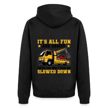 Abschleppwagen | Abschlepper Auto Panne Geschenke - Unisex Premium Bio Zip Hoodie - Schwarz - Hinten - Nico (187cm)