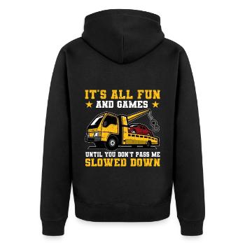 Abschleppwagen | Abschlepper Auto Panne Geschenke - Unisex Premium Bio Zip Hoodie - Schwarz - Hinten - Nico (187cm)