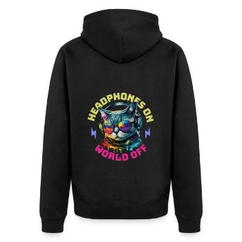 Katze Kopfhörer Musik Headphones On World Off - Unisex Premium Bio Zip Hoodie - Schwarz - Hinten - Nico (187cm)