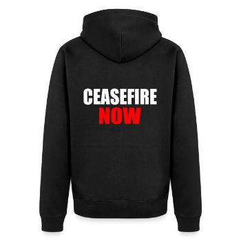 Ceasefire now - Unisex Premium Bio Zip Hoodie - Schwarz - Hinten - Nico (187cm)