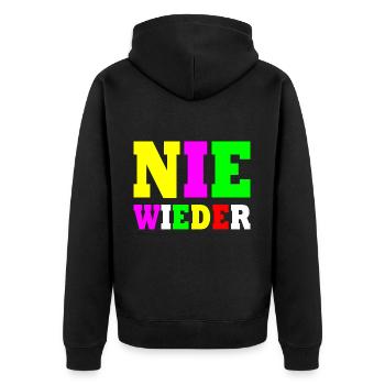 Nie wieder - Unisex Premium Bio Zip Hoodie - Schwarz - Hinten - Nico (187cm)