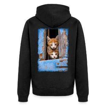 Neugierige Katzenkinder schauen aus blauem Fenster - Unisex Premium Bio Zip Hoodie - Schwarz - Hinten - Nico (187cm)