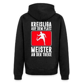 KREISLIGA / BIER / SPORT / FUßBALL - Unisex Premium Bio Zip Hoodie - Schwarz - Hinten - Nico (187cm)