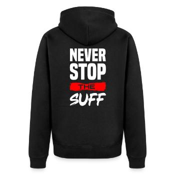 Never stop the Suff Sauftour Party Pfeffi Goldi - Unisex Premium Bio Zip Hoodie - Schwarz - Hinten - Nico (187cm)