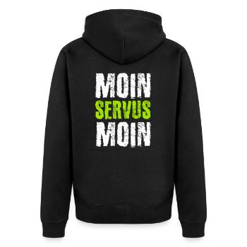 Moin Servus Moin - Unisex Premium Organic Zip Hoodie - black - Back - Nico (187cm)