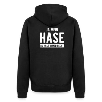 Ja mein Hase du hast immer recht - Unisex Premium Bio Zip Hoodie - Schwarz - Hinten - Nico (187cm)