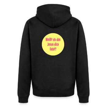 Weißt du das Jesus dich liebt? - Unisex Premium Bio Zip Hoodie - Schwarz - Hinten - Nico (187cm)