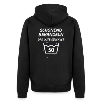Schonend behandeln das gute Stück ist 50 - Unisex Premium Bio Zip Hoodie - Schwarz - Hinten - Nico (187cm)