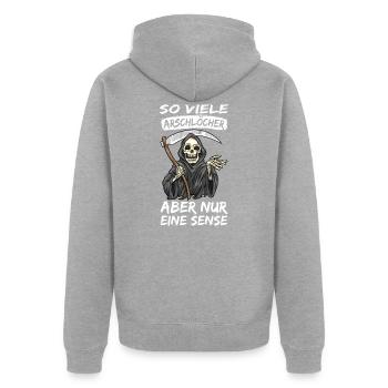 Sensenmann - Unisex Premium Bio Zip Hoodie - Grau meliert - Hinten - Nico (187cm)