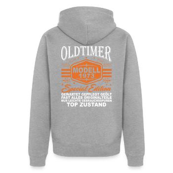 Oldtimer Modell 1973 - 48. Geburtstag - Unisex Premium Bio Zip Hoodie - Grau meliert - Hinten - Nico (187cm)