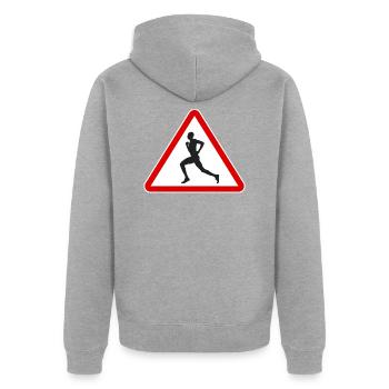 Panneaux de signalisation coureur homme attention sport - Veste à capuche bio Premium Unisexe - gris chiné - Dos - Nico (187cm)