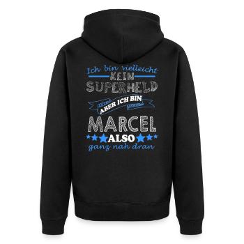 Marcel Vorname Schriftzug Geschenk Männer Jungen - Unisex Premium Bio Zip Hoodie - Schwarz - Hinten - Nico (187cm)
