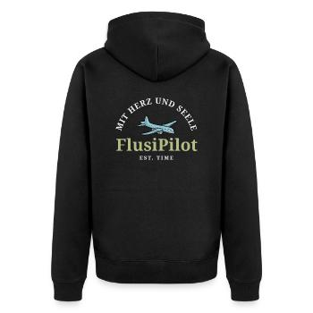 Mit Herz und Seele - Flusi Pilot - Unisex Premium Bio Zip Hoodie - Schwarz - Hinten - Nico (187cm)
