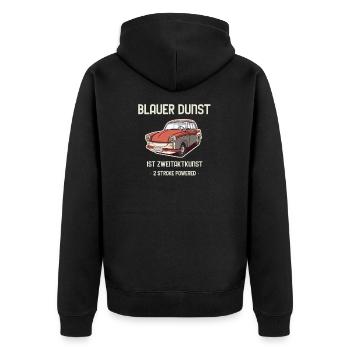 TRABI 500  500 Zweitakt 2Takt Blauer Dunst - Unisex Premium Bio Zip Hoodie - Schwarz - Hinten - Nico (187cm)