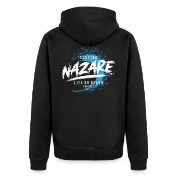 SURFING NAZARE LIFE OR DEATH - Unisex Premium Bio Zip Hoodie - Schwarz - Hinten - Nico (187cm)