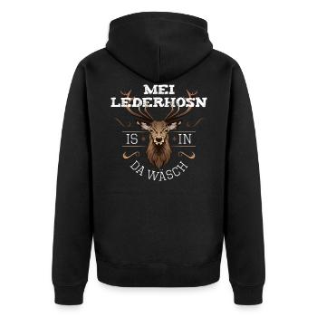Mei Lederhosn is in da Wäsch Ersatz Lederhose - Unisex Premium Bio Zip Hoodie - Schwarz - Hinten - Nico (187cm)