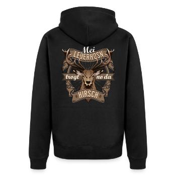 Mei Lederhosn trogt no da Hirsch - Unisex Premium Bio Zip Hoodie - Schwarz - Hinten - Nico (187cm)