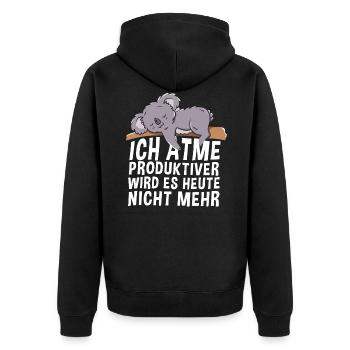 Ich atme produktiver wird es heute nicht mehr - - Unisex Premium Bio Zip Hoodie - Schwarz - Hinten - Nico (187cm)