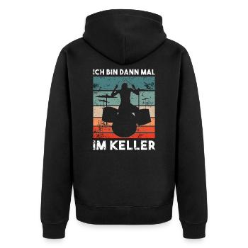 Ich bin dann mal im Keller - Drummer Geschenk - Unisex Premium Bio Zip Hoodie - Schwarz - Hinten - Nico (187cm)