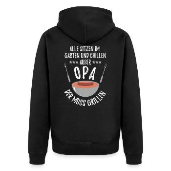 Grillen Alle sitzen im Garten & Chillen außer Opa - Unisex Premium Bio Zip Hoodie - Schwarz - Hinten - Nico (187cm)
