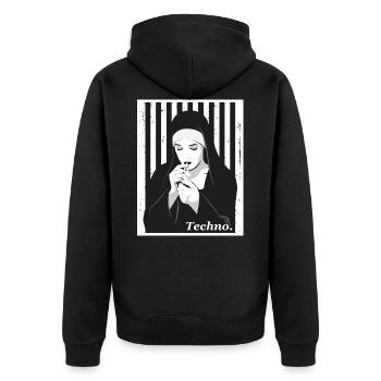 Speedcore Gabber Frenchcore Schranz Hardtekk Rave - Unisex Premium Bio Zip Hoodie - Schwarz - Hinten - Nico (187cm)