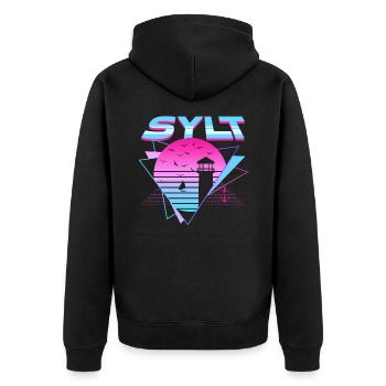 Insel Sylt- Sylt Urlaub 80s Synthwave Vaporwave - Unisex Premium Bio Zip Hoodie - Schwarz - Hinten - Nico (187cm)
