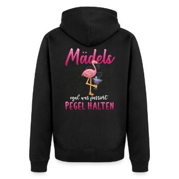 Mädels Egal Was Passiert Pegel Halten - Damen JGA - Unisex Premium Bio Zip Hoodie - Schwarz - Hinten - Nico (187cm)