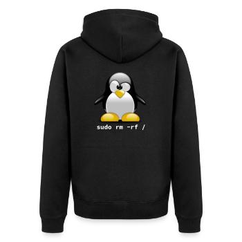 Tux Linux Penguin - Sudo rm -rf / - Funny - Unisex Premium Bio Zip Hoodie - Schwarz - Hinten - Nico (187cm)
