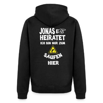 Jonas heiratet Junggesellenabschied JGA Spruch - Unisex Premium Bio Zip Hoodie - Schwarz - Hinten - Nico (187cm)