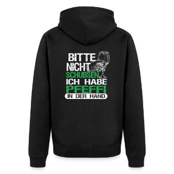 Pfeffi in der Hand - Unisex Premium Bio Zip Hoodie - Schwarz - Hinten - Nico (187cm)