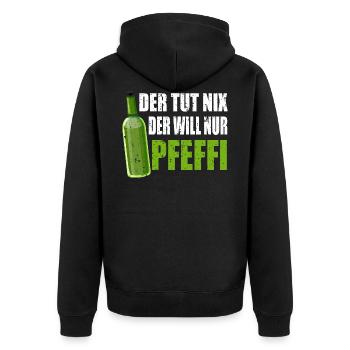 Pfeffi Pfefferminzlikör und Pfefferminzschnap - Unisex Premium Bio Zip Hoodie - Schwarz - Hinten - Nico (187cm)