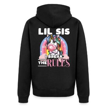 Jüngste Schwester Zwillingsschwester Einhorn - Unisex Premium Bio Zip Hoodie - Schwarz - Hinten - Nico (187cm)