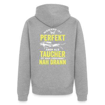 Niemand ist perfekt aber als Taucher ziemlich nah - Unisex Premium Bio Zip Hoodie - Grau meliert - Hinten - Nico (187cm)