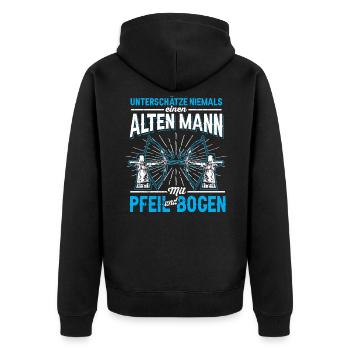 Unterschätze Niemals Einen Alten Mann Mit Pfeil - Unisex Premium Bio Zip Hoodie - Schwarz - Hinten - Nico (187cm)