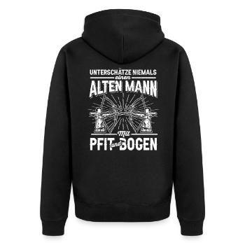 Unterschätze Niemals Einen Alten Mann Mit Pfeil - Unisex Premium Bio Zip Hoodie - Schwarz - Hinten - Nico (187cm)
