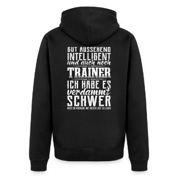 Trainer Fitnesstrainer Sportlehrer Lustig Coach - Unisex Premium Bio Zip Hoodie - Schwarz - Hinten - Nico (187cm)