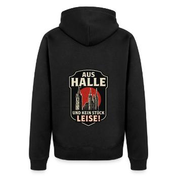 Aus Halle – Und kein Stück leise | Wappen-Shirt fü - Unisex Premium Bio Zip Hoodie - Schwarz - Hinten - Nico (187cm)
