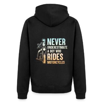 Unterschätzen Sie niemals einen Jungen, der Motorrad fährt Bi - Unisex Premium Bio Zip Hoodie - Schwarz - Hinten - Nico (187cm)