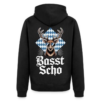 Elch Bayerischer Hirsch Sonnenbrille Basst Scho - Unisex Premium Bio Zip Hoodie - Schwarz - Hinten - Nico (187cm)