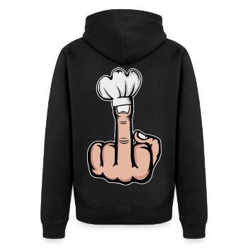 Mittelfinger Stinkefinger Kochmütze Design - Unisex Premium Bio Zip Hoodie - Schwarz - Hinten - Nico (187cm)